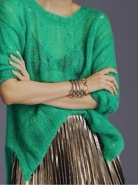 Anthropologie Bright Green Open-Knit Crew Sweater